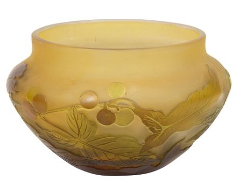 An Emile Galle Art Nouveau cameo glass bowlof compressed tapering from, brown overlaid orange frosted body, acid cut and poli