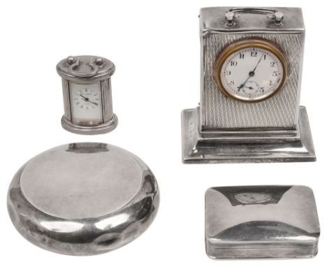 A George V engine turned silver desk timepiece, a tobacco box and a pill box first case Birmingham, 1925 Harrison &amp; Hipwo