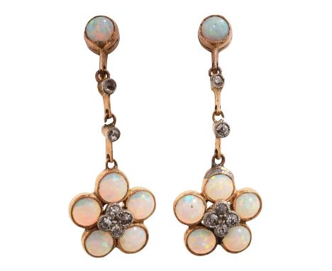 A pair of  early 20th century opal and diamond-set flowerhead cluster ear pendantseach collet-set with circular opal cabochon