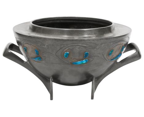 Archibald Knox for Liberty &amp; Co., a Tudric pewter and enamel rose bowl, no. 0229of twin handled form, with stylised whipl
