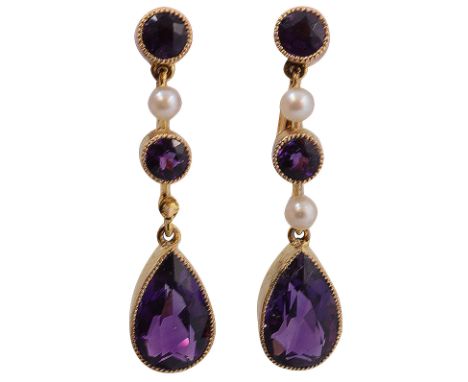 A pair of amethyst and seed pearl ear pendantseach collet-set  pendeloque amethyst suspended from alternating seed pearl (one