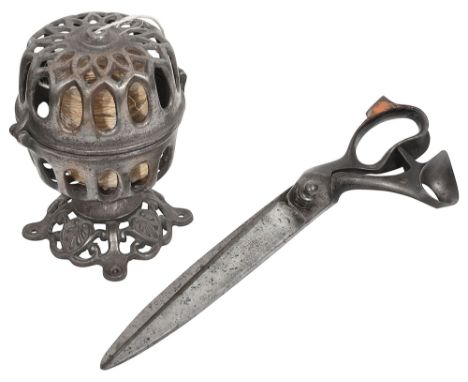 A late Victorian cast iron string dispenser and pair of steel tailors scissorsfirst of ctable top caged design with hinged co