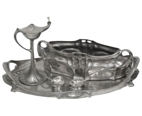 Hugo Leven for Kayserzinn. Art Nouveau pewter items to include a tray and planter comprising a twin handled tray, model 4466,