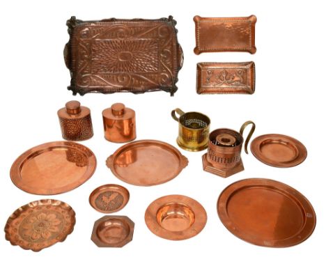 A collection of Arts &amp; Crafts copper to include tea caddies, dishes and other itemsto include a Henry Loveridge &amp; Co 