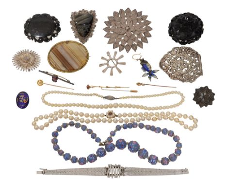 Victorian and later costume jewellery to include stick pins, jet and cultured pearls to include a 9ct gold flower stick pin, 