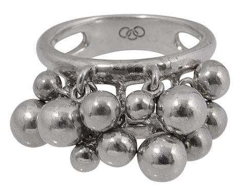 A white metal cluster ball charm ring by Links of Londonmarked with three links to the band, complete with dust cover ring si