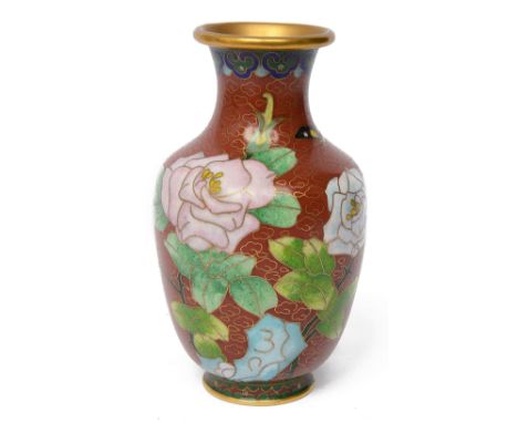 A mid 20th century Chinese gilt brass and cloisonne enamel vasebaluster form, decorated with roses on a red groundheight 12cm