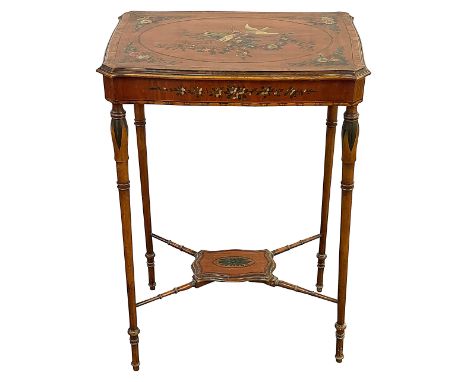 An Edwardian Sheraton Revival painted satinwood occasional tablethe kingwood banded canted top decorated with white doves on 