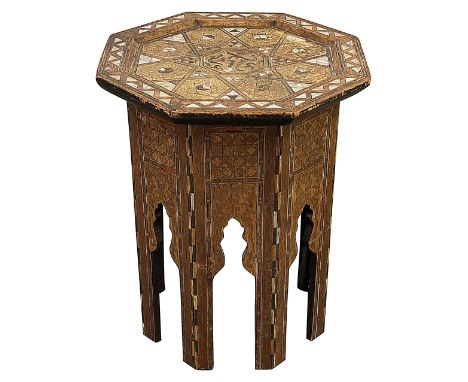 A Syrian Moorish octagonal occasional tableMiddle Easterninlaid with mother of pearl and chequer banded, with arabesque and g