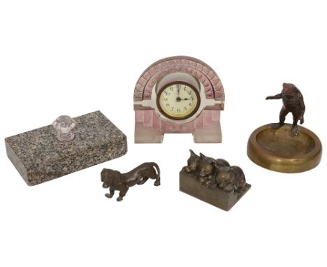 An Art Deco pink glass desk clock, an Austrian cold painted spelter figure of a Daschshund, a novelty brass ashtray mounted w