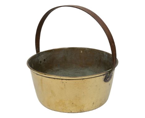 A Victorian brass jam panthe wrought iron tapered handle with copper fixing studsdiam. 35cm, height 38cmCondition:In good stu