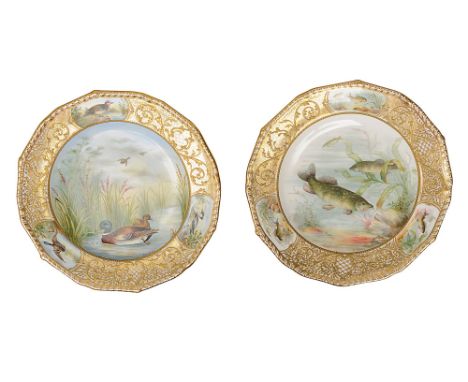 A pair of Sampson Hancock Derby cabinet plates painted by W. Jones c.1900one painted to to centre with a mallard among reeds,