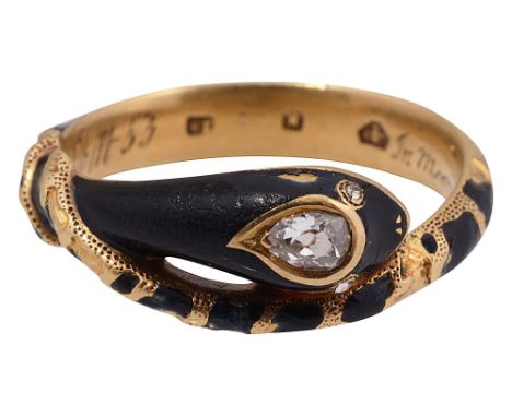 A 19th century diamond, enamel and 18ct yellow gold snake ring the head collet-set with a pear-shaped old brilliant-cut diamo