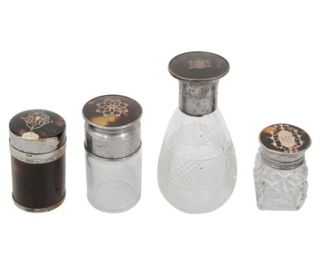 A tortoiseshell, silver and pique work scent bottle and three smelling salt bottles1920s/30sthe scent bottle London, 1920, th