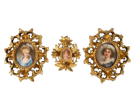 Three KPM style porcelain oval plaques painted with historical portraits c.1900'Self portrait of Elisabeth Vigee Le Brun', an