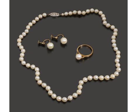 Three cultured pearl items:  a necklace  to the navette clasp stamped '9ct' with a diamond detail;  a ring stamped '9ct'; an 