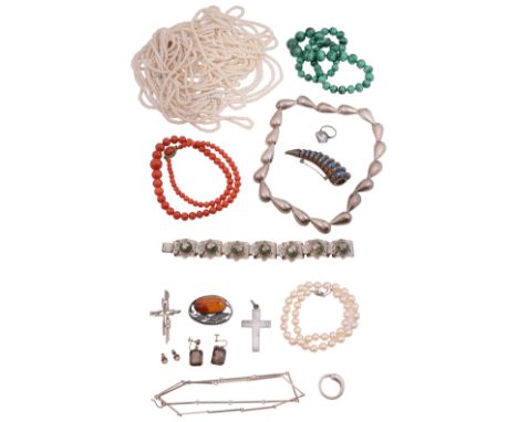 Silver and costume jewellery to include a Chinese silver and blue enamel fingernail guard brooch set with coral and turquoise