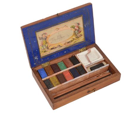 A mid 19th century mahogany artists watercolour paint boxfitted interior with watercolour tablets and ceramic mixing palette,