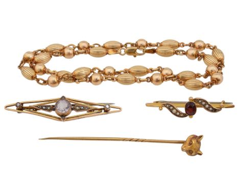 A collection of assorted gold jewellery including a 9ct fancy link necklace, 9ct gold, garnet and half pearl bar brooch, an 9