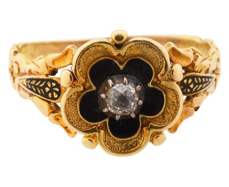 A late Georgian diamond, enamel and yellow gold memorial ringthe central black enamel textured lobed cluster set with an old 