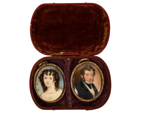 Early 19th century School. A cased pair of portrait miniatures c.1830Portrait of lady a gentleman, oval, watercolour on ivory