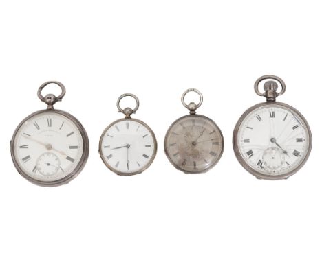 Four open faced silver pocket watchescomprising a late Victorian watch, the case hallmarked for Chester 1882, white enamel di