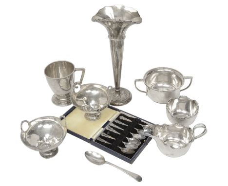 George V and later silver to include a pair of pedestal bonbon dishes, a porringer a christening mug and other silvervarious 