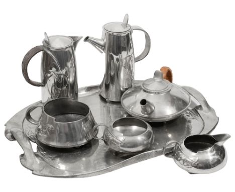 Archibald Knox for Liberty &amp; Co, A Tudric pewter seven piece tea and coffee service, model 0231. c.1903comprising a large