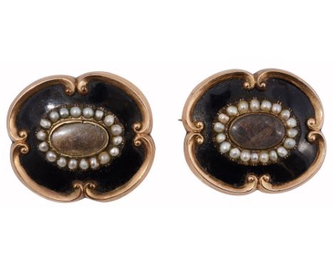 Two Victorian yellow metal enamel and seed pearl mourning broochesthe shaped yellow metal frames with black enamel surround w