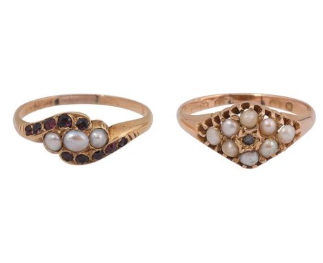 A 15ct yellow gold, half pearl and diamond-set ringthe navetette-shaped cluster set with half pearls with a central diamond-s