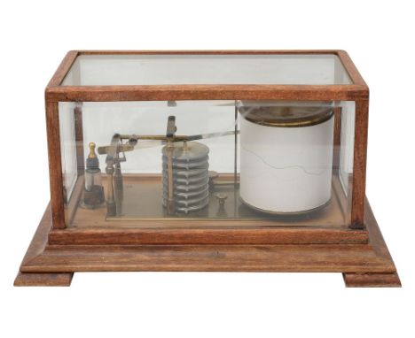 An early 20th century walnut cased barograph brass frame, mechanical movement housed in the drum, barometer with eight stacke