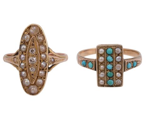 Two Victorian gem-set and yellow gold ringsthe first of elongated oval form and set with three old-cut diamonds within a  hal