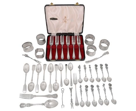 Assorted silver to include a cased set of pastry forks, napkin rings etc.various dates, makers,comprising a cased set of six 