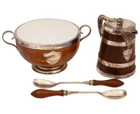 A Victorian electroplated mounted oak insulated jug and a salad bowl with servers and a butter dishfirst of tapering staved o