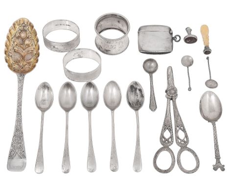 A group of silver and silver plated itemsto include a George III and later embossed berry tablespoon, marks rubbed, with gilt