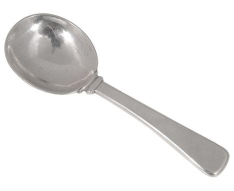 A George V Arts and Crafts silver caddy spoonLondon, 1931 by Guild of Handicraft, plain oval planished bowl, tapering handlel