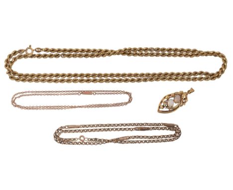 A small collection of chains and a opal pendantincluding 9ct twisted rope chain marked to bumper link '375', a fancy link cha