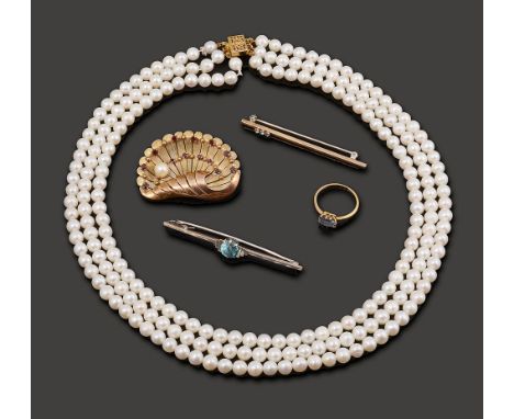 A small collection of jewellerya three row cultured pearl necklace;  a cultured pearl and garnet-set  textured shell brooch p