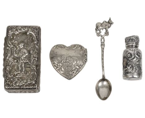 A late Victorian silver embossed picture top snuff box and other silver items first Chester, 1895, Nathan &amp; Hayes,rectang