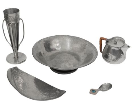 Liberty &amp; Co Tudric pewter items to include a crumb tray, caddy spoon and other items comprising items designed by Archib