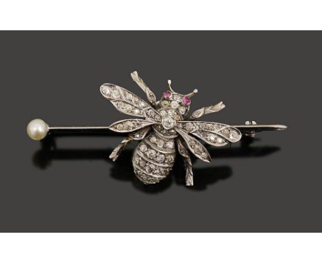 A diamond-set and pearl bee bar brooch the old brilliant-cut and single diamond-set bee in flight with cabochon ruby eyes, de