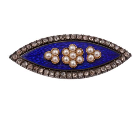 A Georgian diamond, enamel and pearl brooch,of navette design, the blue enamel guilloché centre applied with three half pearl