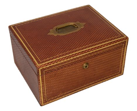 A Victorian red leather jewellery boxtrellis embossed with gilt tooled borders, the hinged lid with central foliate engraved 