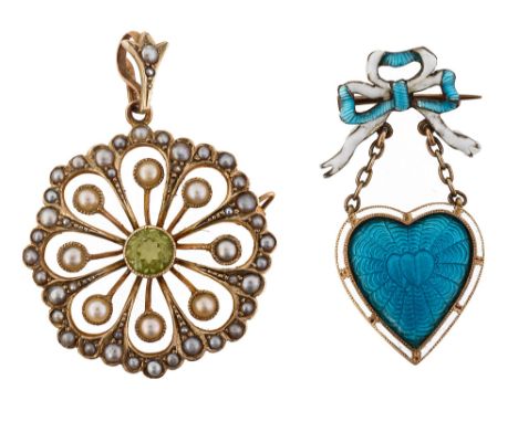 A late Victorian enamelled yellow gold pendant brooch by Child &amp; Child, the heart-shaped pendant with a turquoise guillou