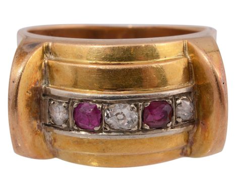 A 1950s ruby and diamond-set ringthe central line of three old-cut diamonds alternating with two circular-cut rubies ring siz
