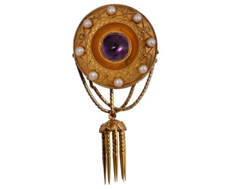 A mid Victorian, amethyst, pearl and yellow gold locket brooch,the central amethyst cabochon collet-set above the outer yello