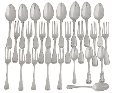 George IV and later fiddle and thread pattern flatware mostly London various dates and makers comprising eight fiddle and thr
