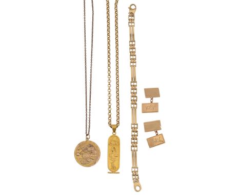 A small group of assorted jewellery including an 9ct gold gate bracelet marked to clasp ‘.375’, 9ct gold chain marked ‘375’, 