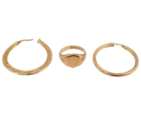 A 18ct gold signet ring stamped '18' with Birmingham assay marks together with a pair of earrings marked '750'approx weight 1