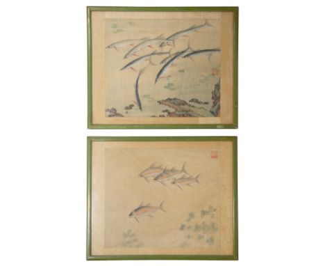 Chinese School, Early 20th centurytwo studies of fish, watercolour on silk, red seal marks, contemporary glazed green painted